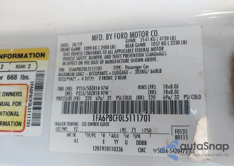 2020 Ford Mustang Gt Premium Fastback из США, поврежденный, VIN 1FA6P8CF0L5111701